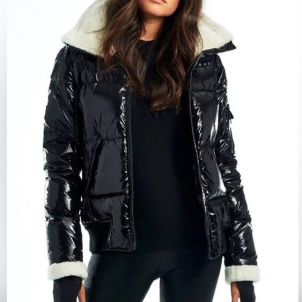 New SAM. Nikki Quilted Down Puffer Lamb Shearling Trim Glossy Black Coat Size S - Picture 15 of 16